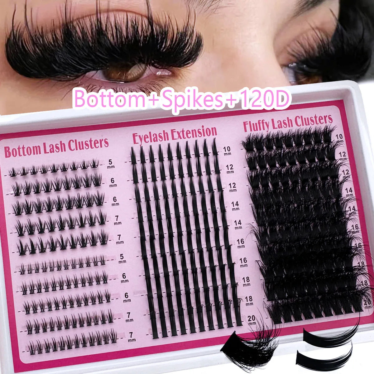 4 IN 1 Lash Clusters 200D-60D Long 6-20mm Lash Spikes lower eyelashes Reusable Bottom DIY Spiky Lash Extension Manga Clusters