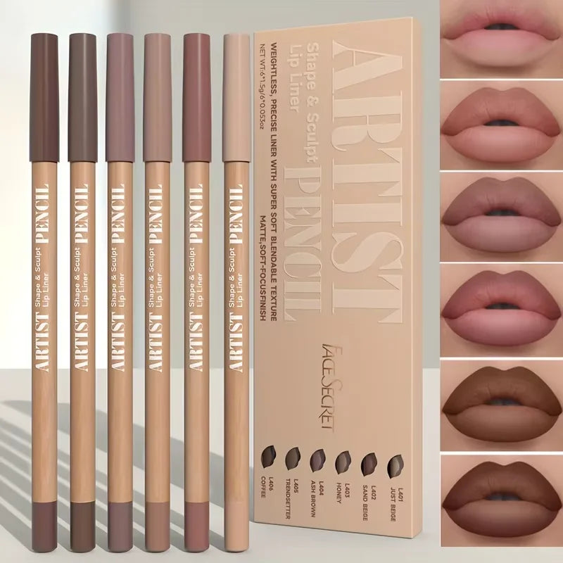 6pcs Velvet Matte Lip Liner Pencil Set - Water-resistant, Ultra-Fine, Long-Lasting, Smooth for All Skin Tones, Brown Mixed Color