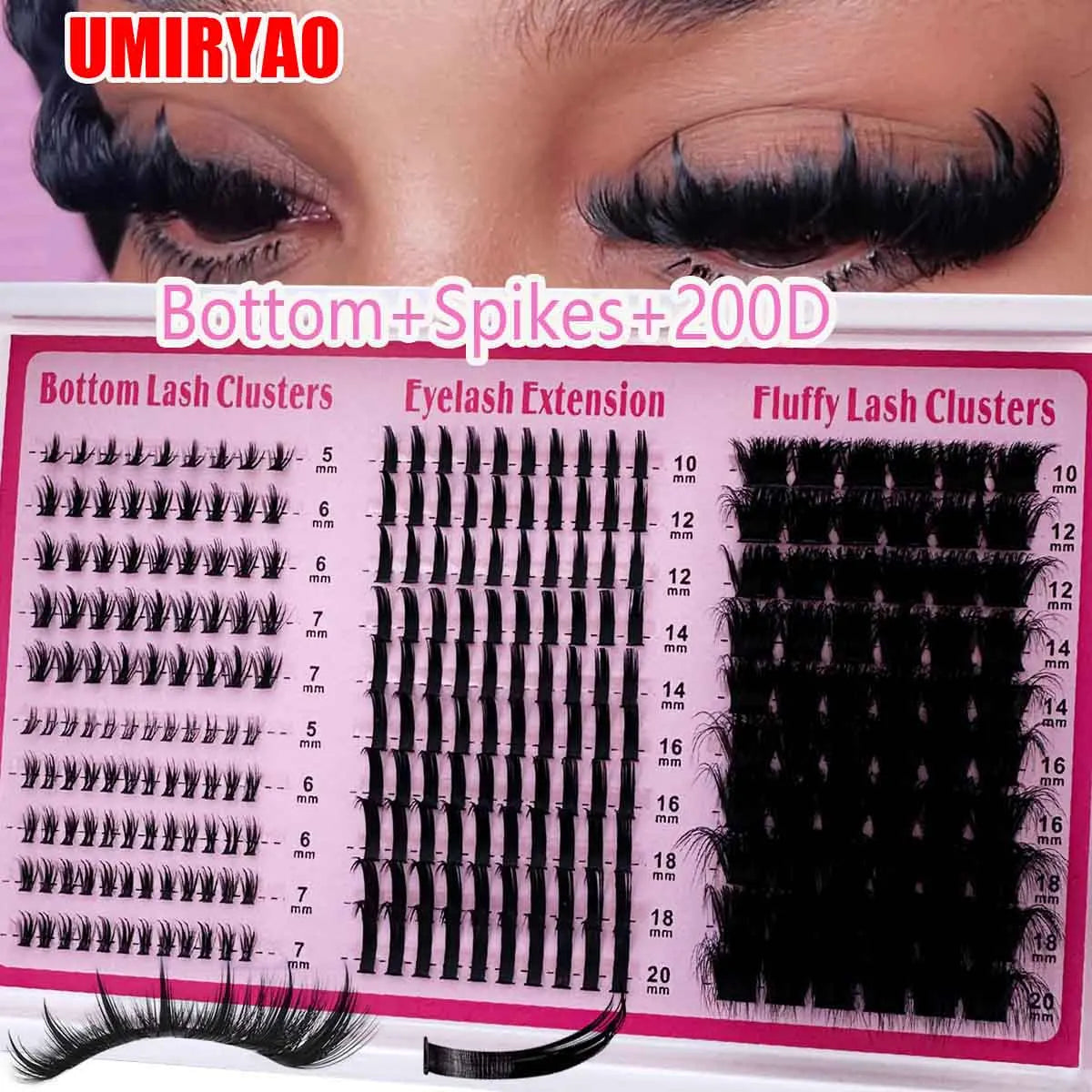 4 IN 1 Lash Clusters 200D-60D Long 6-20mm Lash Spikes lower eyelashes Reusable Bottom DIY Spiky Lash Extension Manga Clusters
