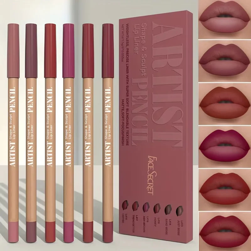 6pcs Velvet Matte Lip Liner Pencil Set - Water-resistant, Ultra-Fine, Long-Lasting, Smooth for All Skin Tones, Brown Mixed Color