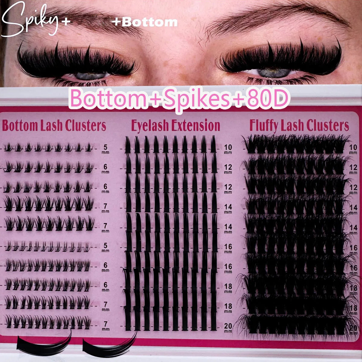 4 IN 1 Lash Clusters 200D-60D Long 6-20mm Lash Spikes lower eyelashes Reusable Bottom DIY Spiky Lash Extension Manga Clusters