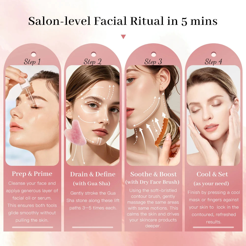 Gua Sha Tool Set Facial Massage Kit Lymphatic Drainage Face Brush Jawline Lifting Relaxation Contour Face Brush with Storage Bag