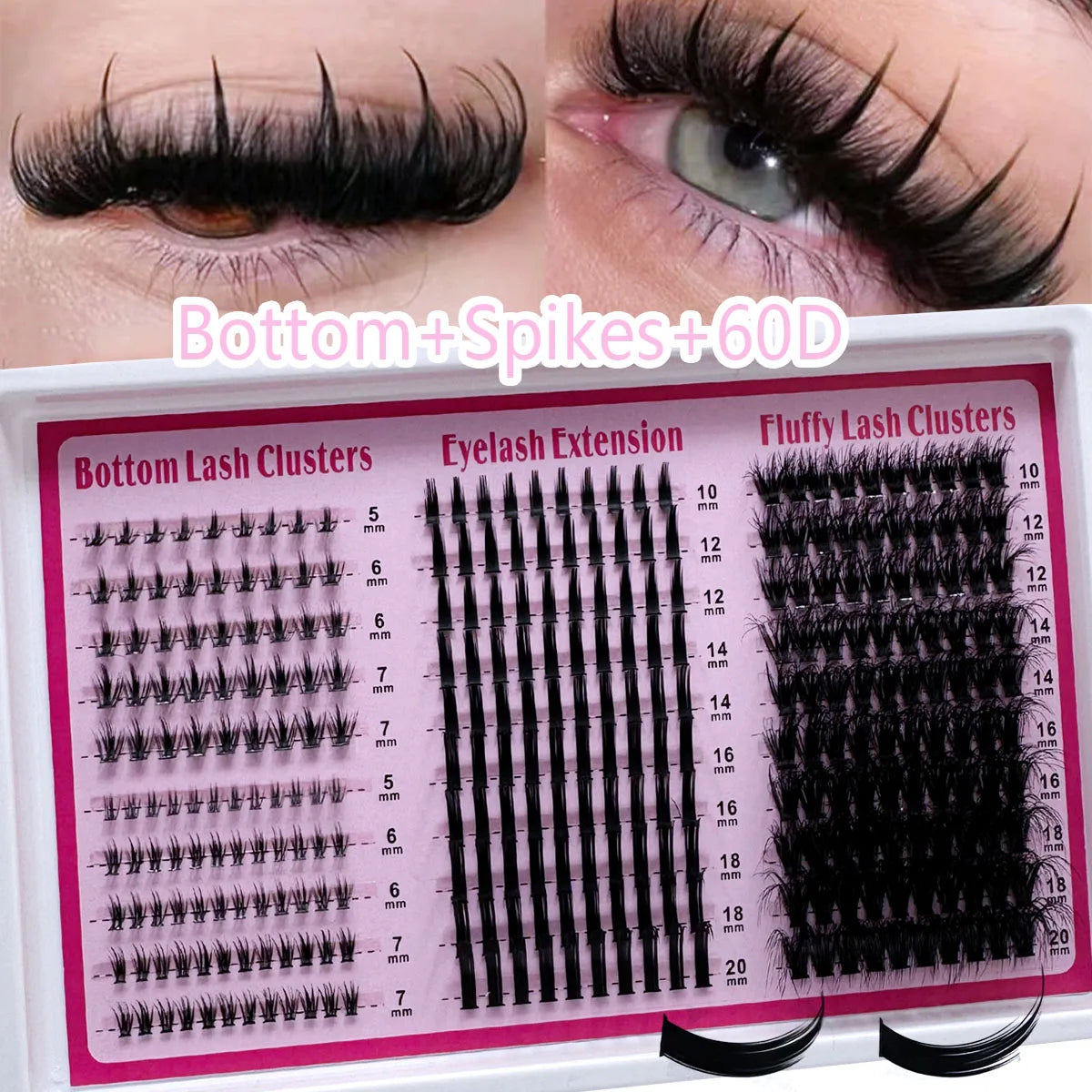 4 IN 1 Lash Clusters 200D-60D Long 6-20mm Lash Spikes lower eyelashes Reusable Bottom DIY Spiky Lash Extension Manga Clusters